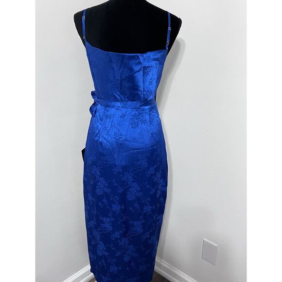 Lulus Royal Blue Satin Floral Jacquard Midi Wrap Dress NWT Small - Picture 11 of 15